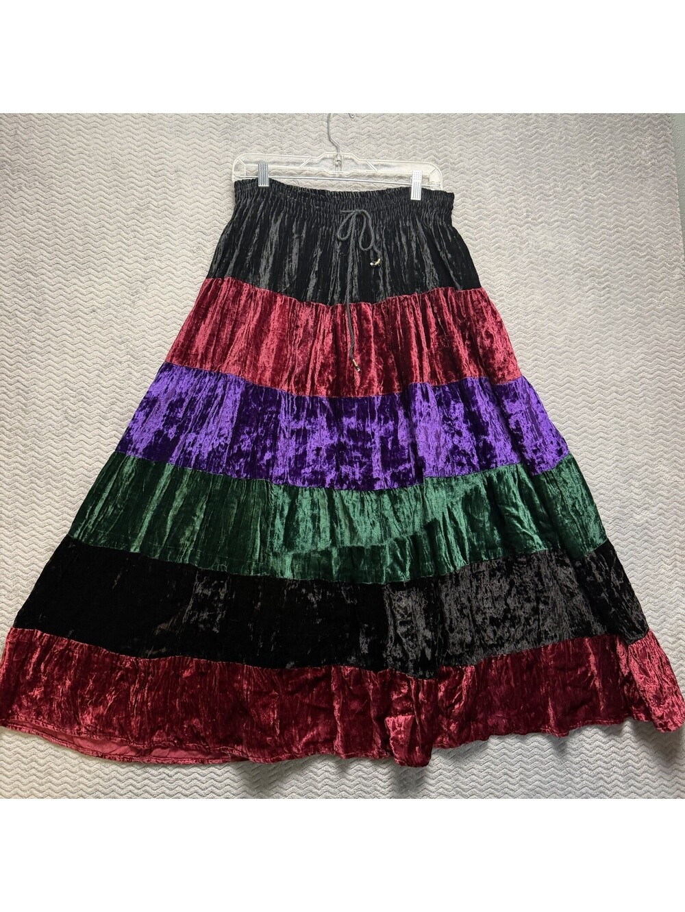 VTG Double D Skirt Womens Sz S Jewel Colors Tiered Crushed Velvet Festival Boho